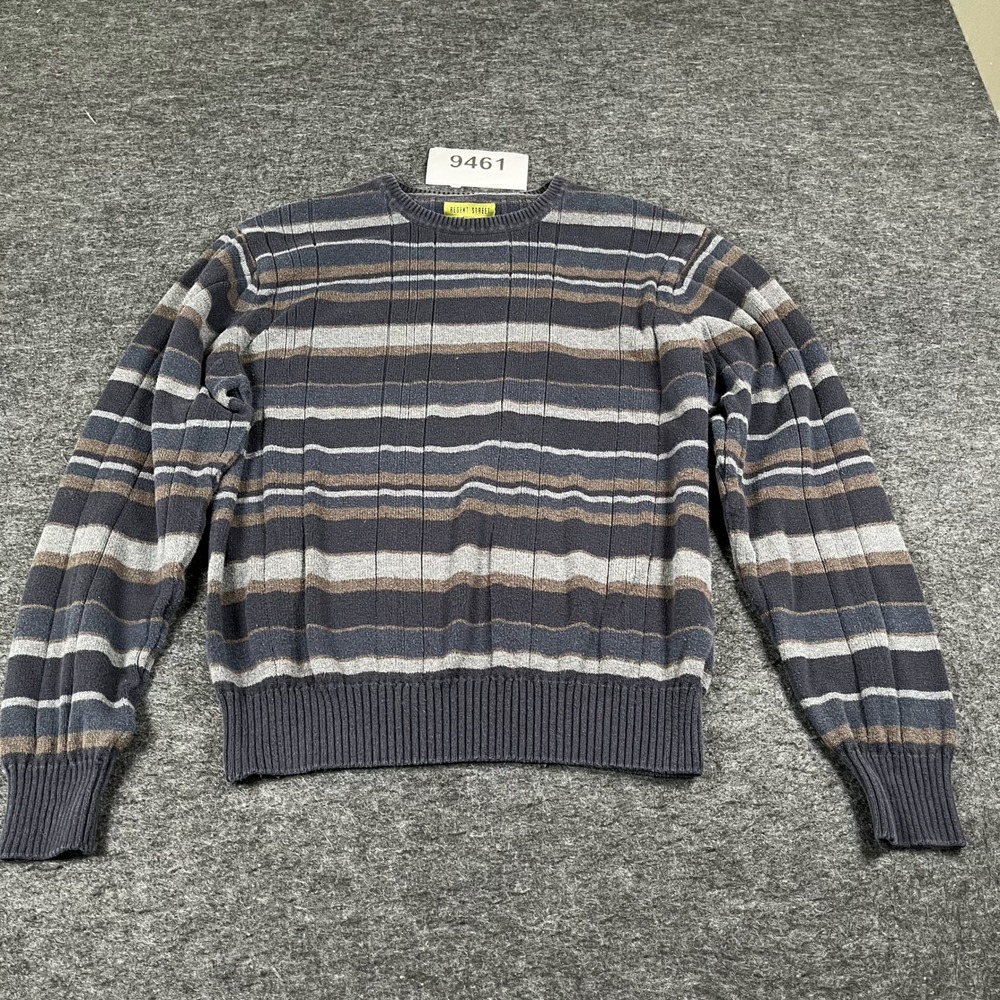 Regent Street Mens Striped Crewneck Sweater Navy Blue Grey Brown Ribbed Knit L